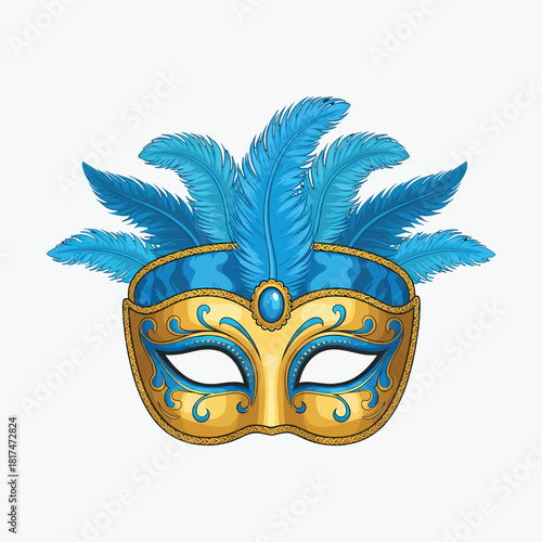 Vibrant blue and gold masquerade mask with feathers on white background