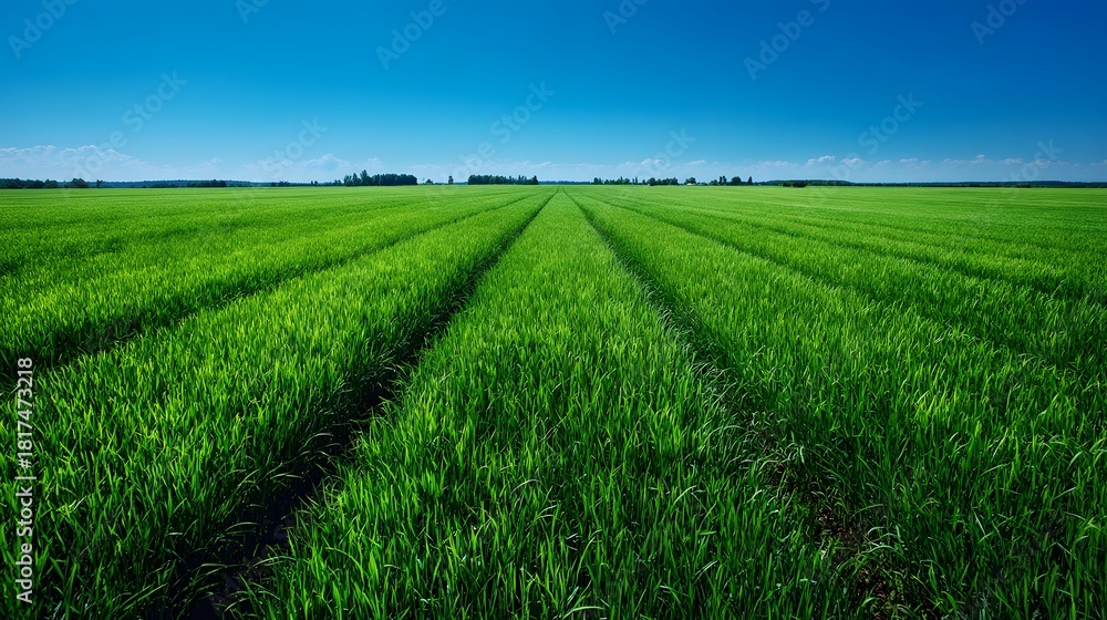 Obraz premium Vast expanse of vibrant green crops stretches beneath a clear, deep blue sky