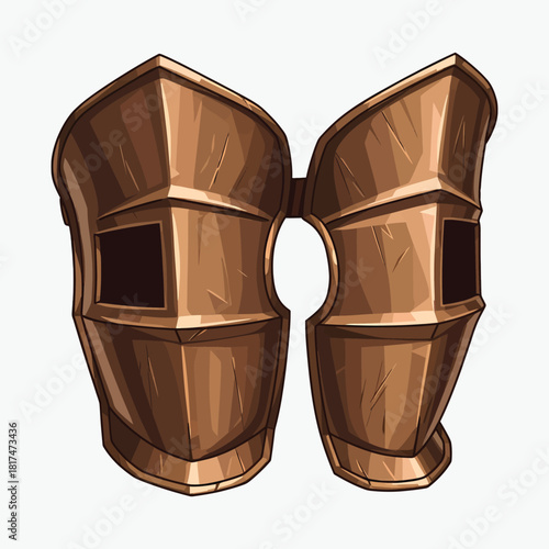 A pair of copper-colored greaves with square cutouts on a white background.