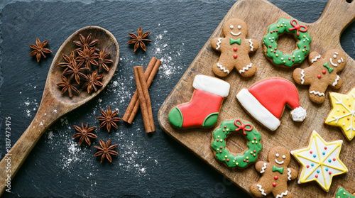 Festive gingerbread cookies and spices arranged on a wooden board perfect for holiday baking and seasonal celebr
