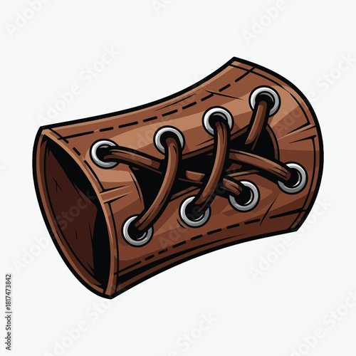 Cartoon illustration of a brown leather wristband with metal eyelets and laces on a white background