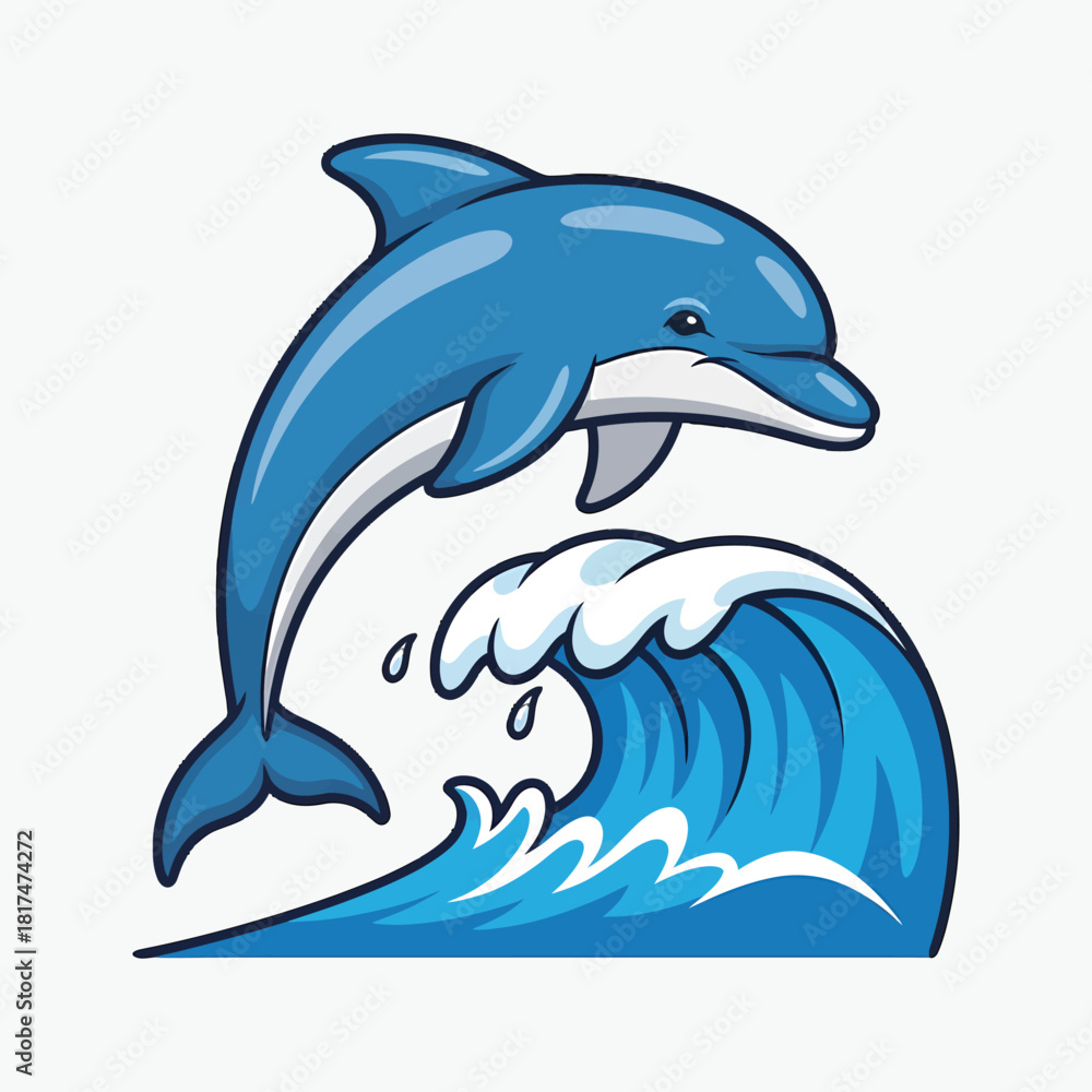 Fototapeta premium Illustration of a jumping dolphin over a wave on a white background