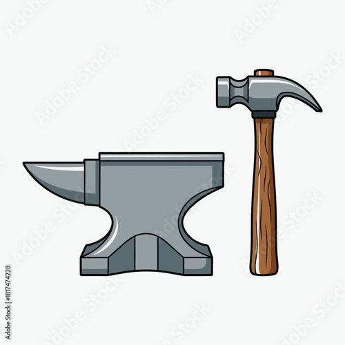 Illustration of a gray anvil and a hammer with a wooden handle on a white background.