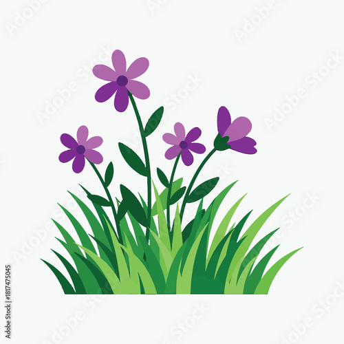 Flat lay illustration of purple flowers growing in green grass against a white background