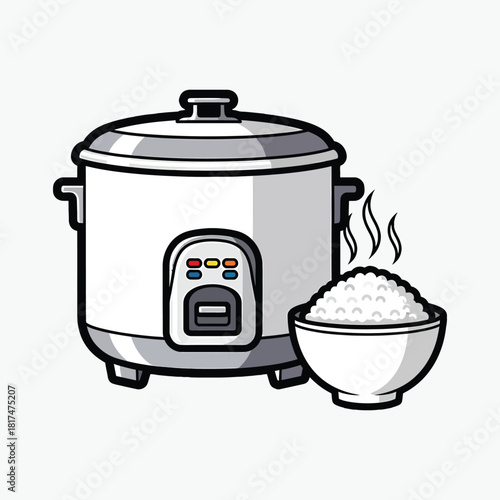 Illustration of a rice cooker with a bowl of steaming rice on a white background
