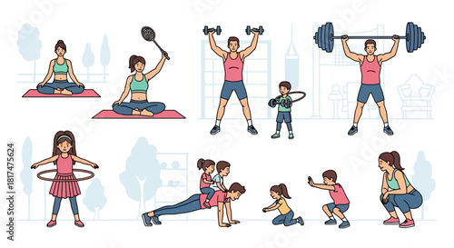 Family Fitness and Exercise Diverse Activities for Health and Wellness, Including Yoga, Weightlifting, and More