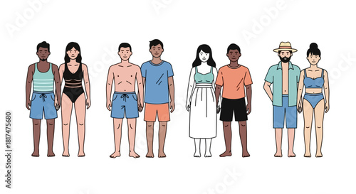 Diverse Group of People in Swimsuits Standing Together Against a White Background