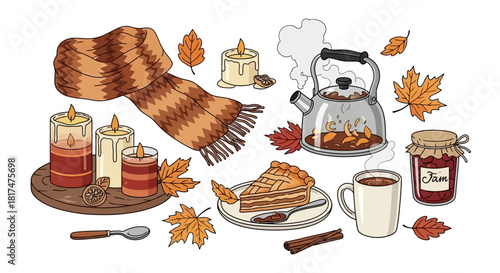 Cozy Autumn Day Warm Scarf, Candles, Pie, Tea, and Fall Leaves in a Festive Illustration