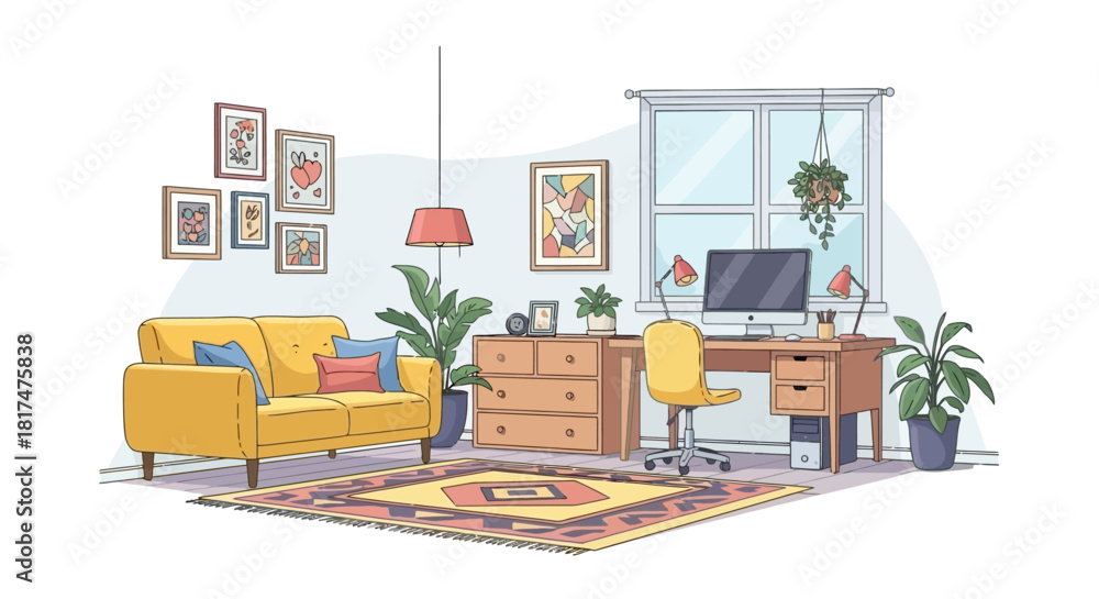Fototapeta premium Cozy home office interior design illustration with modern furniture, decor, and plants
