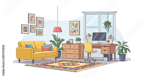 Cozy home office interior design illustration with modern furniture, decor, and plants
