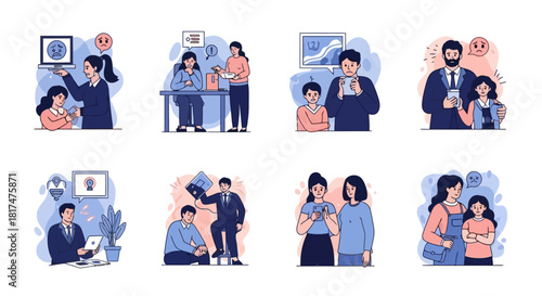 Family interactions and communication through diverse activities in a series of illustrations