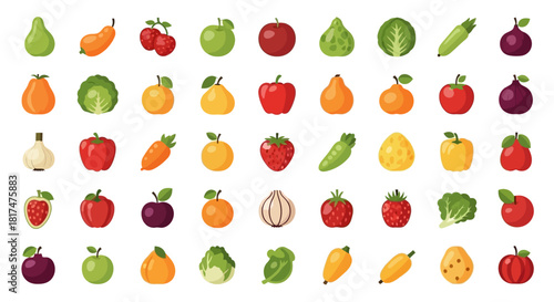 Collection of Colorful Fruits and Vegetables Icons for Healthy Eating and Nutrition Concepts