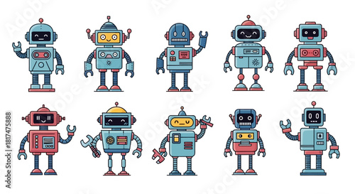 Collection of Cute and Friendly Robot Characters in Various Poses and Designs, Perfect for Tech Projects