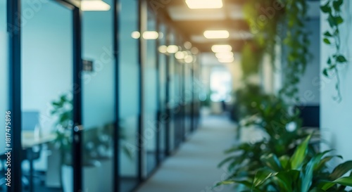 Blurred view down a modern office hallway with glass walls and vibrant green plant decor creating a serene atmosphere