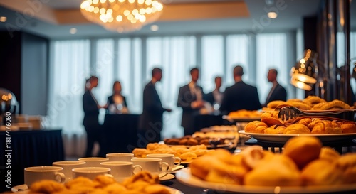 Catering service with assorted pastries and coffee cups in foreground, business people networking in background