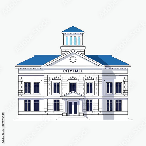 Illustration of a white city hall building with a blue roof and cupola on a plain background