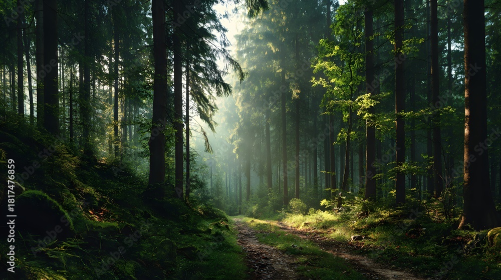 Fototapeta premium Sunlight pierces dense evergreen trees along a shaded forest path in the morning