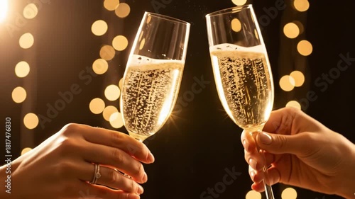 Close-up of two hands clinking champagne glasses in a toast