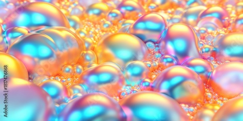 Iridescent bubbles with colorful reflections form abstract shiny liquid surface pattern with vibrant texture in closeup macro view