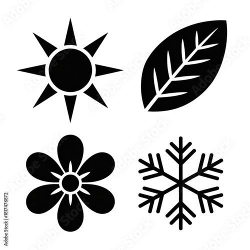 Four seasons line icons set with sun leaf flower and snowflake symbols.