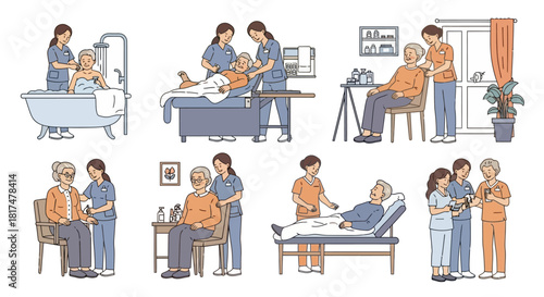 Healthcare Elderly Care Services, Medical Assistants, and Patient Support Illustrations