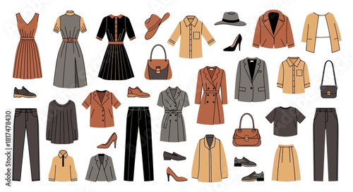 Variety of Fashion Styles Women's Clothing Collection with Dresses, Jackets, Pants, and Accessories