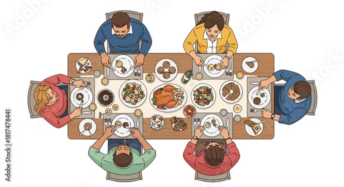Family Dinner Gathering Overhead View of People Enjoying a Festive Meal Together