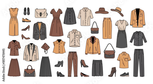 Collection of trendy fashion items dresses, skirts, blazers, shoes, handbags, and accessories