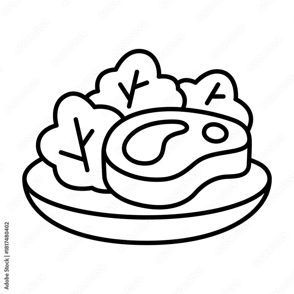 Fototapeta premium Lettuce salad on the plate with meat, fish, chicken drumsticks icon set. Healthy food icons. Healthy diet concept. Vector Illustration.