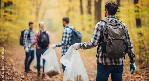 Volunteers Cleaning Up Forest Together in Autumn