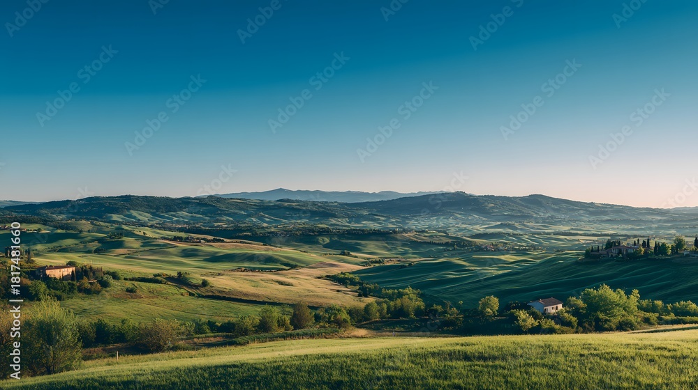 Fototapeta premium Rolling cultivated hills stretch toward distant mountains under a clear blue sky at sunrise