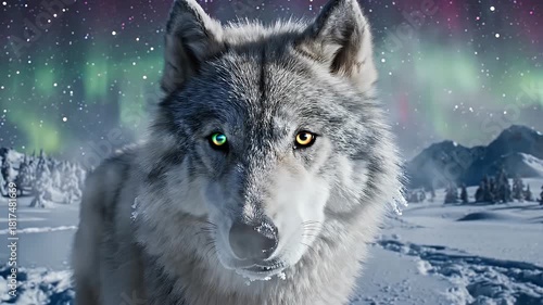 Wallpaper Mural Majestic wolf gazing into the distance under the vibrant northern lights in a snowy landscape during nighttime Torontodigital.ca