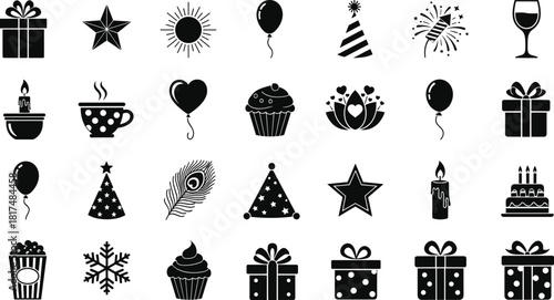 Celebration icon set, festive silhouette collection, party symbols, gift box, balloon, cupcake, candle, hat, fireworks, heart, star