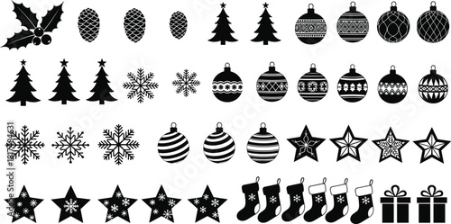 Christmas icon set, festive silhouette collection, holiday decorations, vector ornaments, snowflakes, stars, stockings, gifts, trees, holly