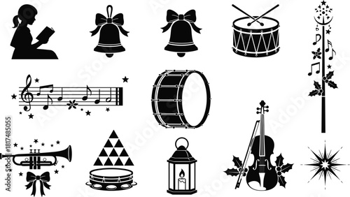 Christmas music icon set, festive silhouette collection, drum, trumpet, cello, bell, lantern, book, holly, star, candle
