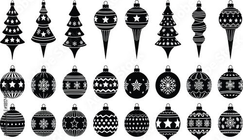 Detailed Christmas Ornaments Icon Collection, Festive Holiday Decoration Elements: Hanging Baubles, Pine Tree Shapes, and Icicle Drops with Stars and Snowflakes Silhouette Vector Set