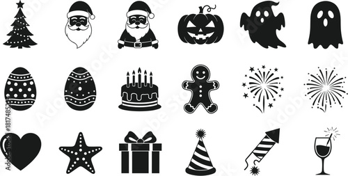 Diverse Holiday and Celebration Icon Collection: Christmas Tree, Santa, Jack-o'-Lantern, Ghosts, Easter Eggs, Cake, Fireworks, Gifts, and Party Vector Silhouette Set