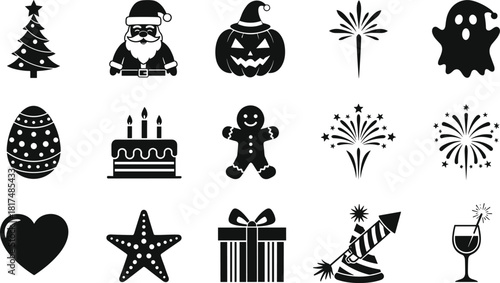 Holiday icon set, festive silhouette collection, Christmas, Halloween, Easter, birthday, firework, gift, heart, ghost, egg, cake