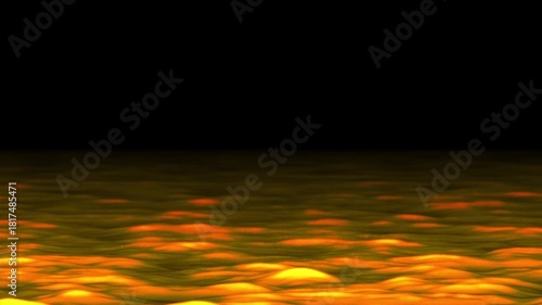 Cinemagraph of the glowing orange sea surface with rolling waves and ripples on dark background. Aerial front view. Natural loopable seamless background