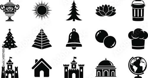 Mixed icon set, silhouette collection, architecture, nature, festive symbols, castle, house, tree, sun, globe, chef hat, bell