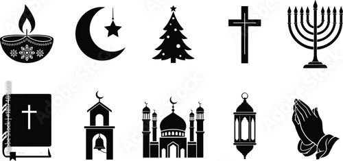 Religious icon set, silhouette collection, cross, crescent moon, menorah, Bible, mosque, lantern, oil lamp, prayer, faith