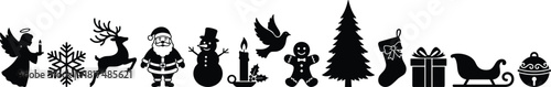 Set of black Christmas holiday and New Year symbols featuring Santa Claus, reindeer, snowman, gingerbread man, gifts, sleigh, and tree, vector illustration isolated on white