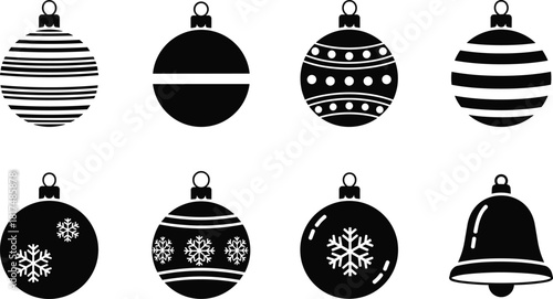 Christmas ornament icons, festive silhouette set, holiday decorations, snowflake baubles, striped balls, bell, vector symbols, seasonal shapes