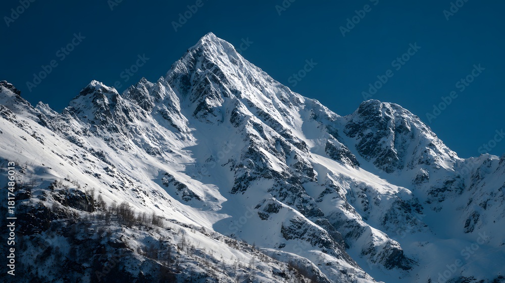 Fototapeta premium Towering jagged mountain peaks are completely covered in brilliant white snow beneath a deep blue sky
