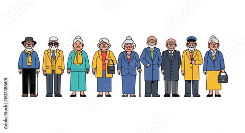 Illustration of a diverse group of elderly people standing in a row, wearing colorful clothing and accessories.