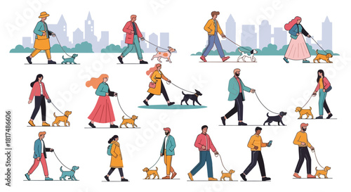 A collection of diverse illustrated people walking various breeds of dogs in a city park.