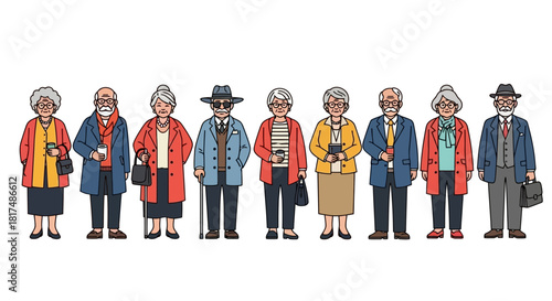 A diverse group of elderly men and women standing in a line, showcasing various styles and activities on a white background.