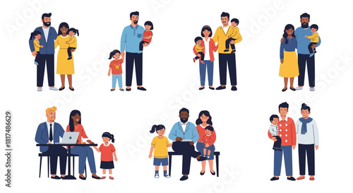 Illustrations of diverse families with parents and children in various poses and settings, showcasing different family structures.