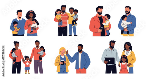 Diverse families with children in various poses and outfits, vector illustration.