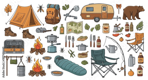 A large collection of colorful cartoon illustrations depicting various camping, hiking, and outdoor adventure equipment.